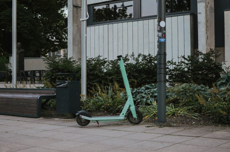 E- scooter Parking, Eco friendly mobility concept of sharing transportation with Electric Scooter