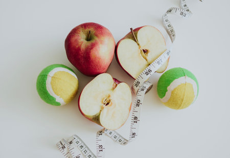 red full and cut in half apples, measuring tape and sports balls on white background
