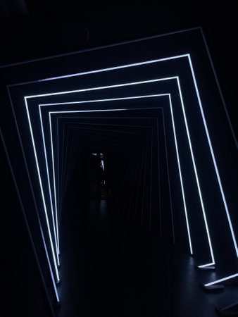 motion-sensitive corridor from paths of color to door to passage in a museumの写真素材