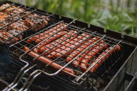 cooking sausages with smoke on a grill in nature on a lake in summer in Estonia