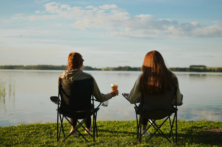 friends are sitting on camping chairs, enjoying a summer evening and drinking light beer with foamの写真素材