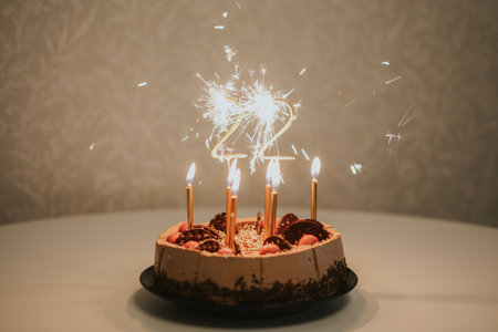 Birthday cake with lit candles and number 22 at partyの写真素材