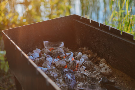 hot coals on a fire for grilling meat at eveningの写真素材