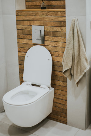 white new toilet and metallic button mounted on the wall against a background of stylish wood tilesの写真素材