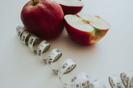 white measuring tape for body and on the white background with red bright apples for health