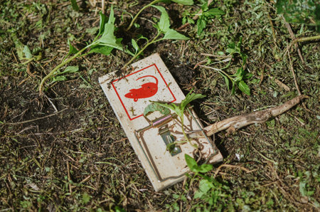 mouse traps in the garden in the strawberry row for mice in the villageの写真素材