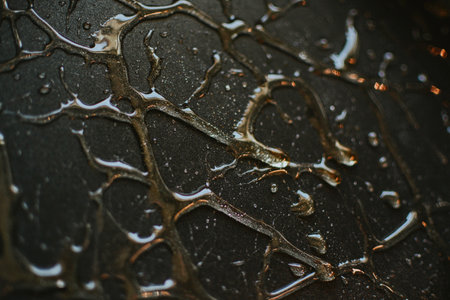 exposure of chaotically located and flowing drops on a black backgroundの写真素材