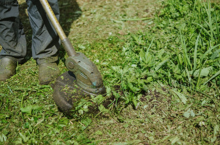 a man in pants and closed shoes mows overgrown grass with a lawn trimmer in the summer garden