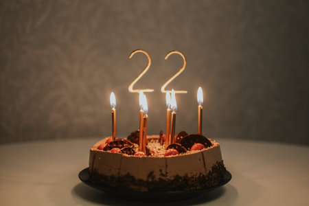Birthday cake with lit candles and number 22 for party