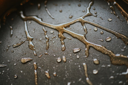 exposure of chaotically located and flowing drops of honey on a grey backgroundの写真素材
