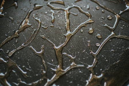 exposure of chaotically located and flowing drops on a black background with shadowsの写真素材