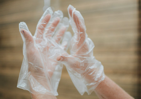 woman puts gloves on her handの写真素材