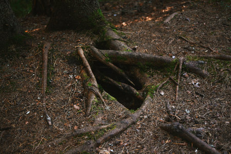 macro shooting of tree roots from underground in estonian forestの写真素材