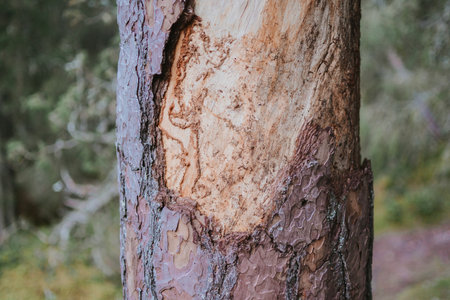 stripped tree bark by a woodpecker in the forest of Estoniaの写真素材