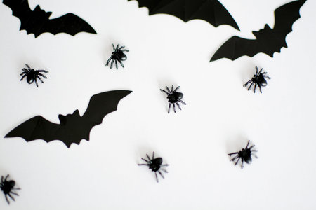macro shooting of Halloween decorations in the form of spiders and bats on a white backgroundの写真素材