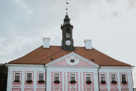 building of the town hall square with a chapel in the city of Tartuの写真素材
