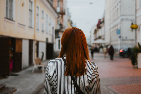 a woman with red hair walks along a street with bars and restaurants in a European cityの写真素材