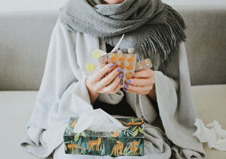 a woman wrapped in a scarf holds a lot of pills for illness against the background of medicines