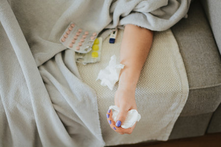 hand with napkins of a sick woman who is sleeping against the background of medicines for treatmentの写真素材