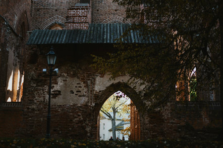 historical architecture of a medieval castle in autumn weather with the entrance and the shadowの写真素材