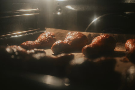 Barbecued chicken legs in the oven with grill mode are prepared for snacks on the tableの写真素材
