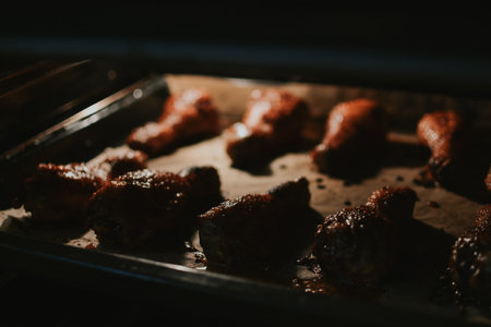 Barbecued chicken legs in the oven with grill mode are prepared for snacks on the tableの写真素材