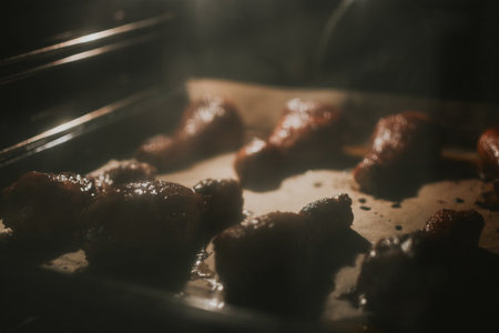 Barbecued chicken legs in the oven with grill mode are prepared for snacks on the tableの写真素材
