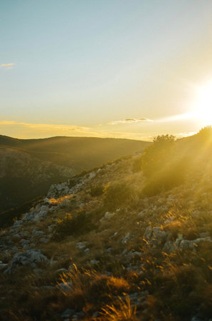 View from the top of the mountain with forest on the Adriatic sea at a beautiful bright sunsetの写真素材
