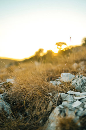 View from the top of the mountain with stones on the sea at a beautiful bright sunsetの写真素材