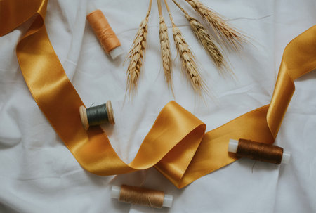 gold wide ribbon for needlework and balls of different colors of thread on a white backgroundの写真素材