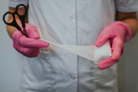 A nurse in a white coat and pink gloves cuts a bandage with scissors to dress a patients woundの写真素材