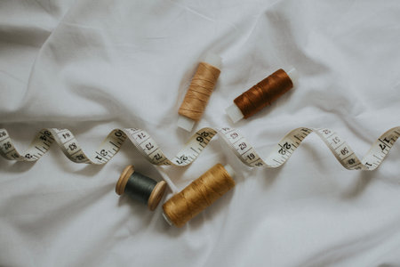 balls of threads of different brown and beige colors close-up and measuring tape for handicrafts