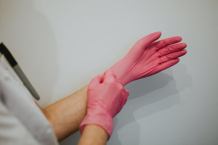 Nurse in white coat putting on pink gloves before procedure in hospital. Health and healthcareの写真素材