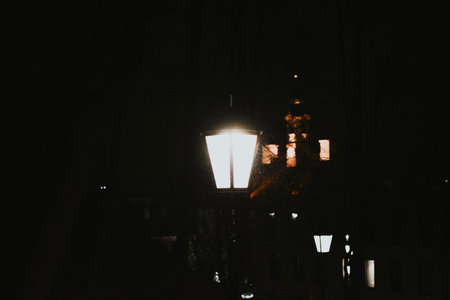 black street lamp close-up late evening in rainy weather in autumn against the background of townの写真素材