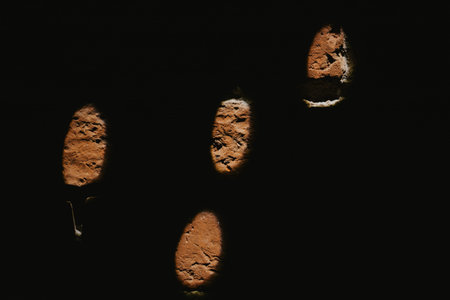 light projection of circles on a brick wall and road in the dark on the street