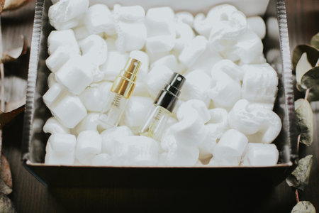 Black box with perfume sprayers in packaging filler for safe parcel transportation among eucalyptus on brown background. High quality photoの写真素材