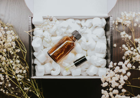 Black box with cosmetic jar with pipette and perfume sprayer in packaging filler for safe transportation of parcel among white flowers on brown background. High quality photoの写真素材