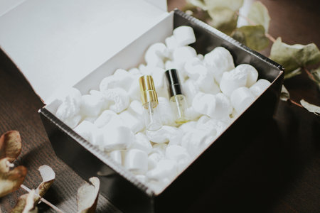 Black box with cosmetic perfume sprayers in packaging filler for safe parcel transportation among eucalyptus on brown background. High quality photoの写真素材