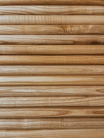 Volumetric wall with brown slats made of natural wood for interior close-up. Aesthetics after...