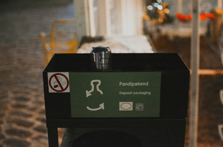 A nighttime shot of a recycling bin with a deposit packaging section and a no-smoking sticker, promoting eco-friendly practices. eco-friendly initiatives and urban waste sorting practicesの写真素材