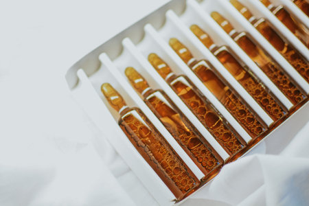 Sterile glass ampoules with a medical preparation for injections in white packaging close-up on a white background. Suitable for use in topics related to pharmaceuticals, healthcare, medicineの写真素材