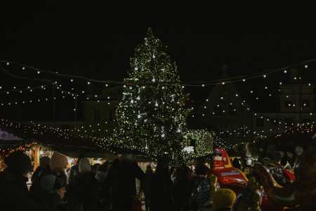 Christmas tree at christmas market at town hall of europe city decorated with lights at night. High quality photoの写真素材
