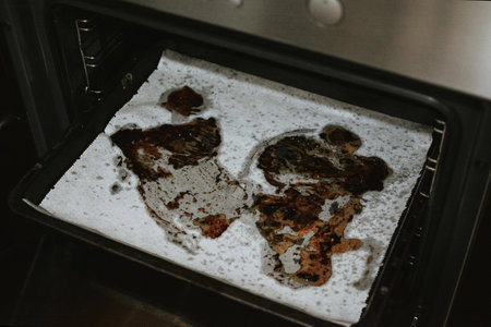 An oven tray and dirty baking paper from food and grease close-up in the kitchen. Requires cleaning and washing. High quality photoの写真素材