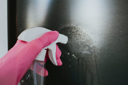 Cleaning the metal surface with detergent and a cloth. A woman sprays and wipes the surface from...