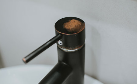 Rusty black faucet in the bathroom close-up. Plaque and rust due to dirty water. High quality photo
