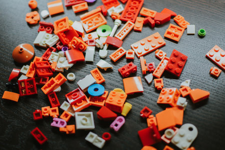 Colored lego blocks close up for child. An activity for developing finger motor skills and attentiveness. High quality photoの写真素材