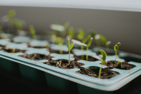 Seedlings in a plastic tray close-up. Planted seed and after some time grown sprouts for transplanting in the garden to the greenhouse. Ecology and healthy nutrition. High quality photoの写真素材