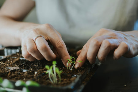 A woman digs up the soil with her hands and plants a seedling in a larger place in a plastic form. Preparing for the summer gardening season. High quality photoの写真素材