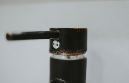 Rusty black faucet in the kitchen close-up. Plaque and rust due to dirty water. High quality photoの写真素材