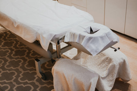 Massage couch in the salon close-up. Disposable towels for convenience and hygiene. High quality photoの写真素材